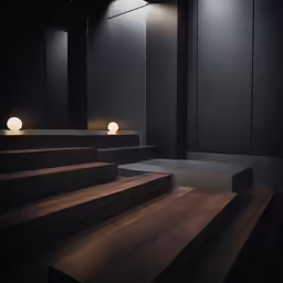 a staircase and lights in a black room