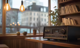 an old radio sitting on top of a table near a window