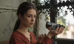 a girl holds a camera with her hand