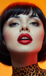 the woman has very bright red lipstick on her lips