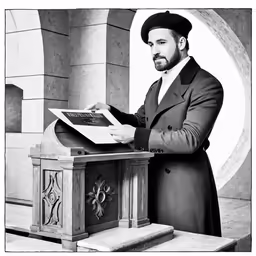 a man with a beard is standing in front of a alter