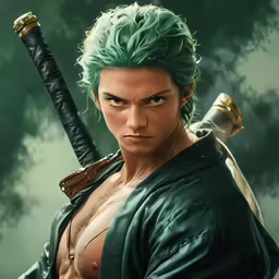 the image of a man with green hair holding a sword