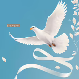 white dove flying on blue sky with white ribbons