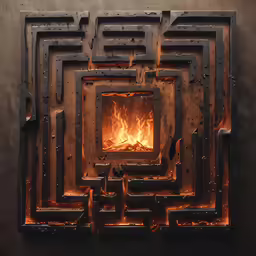 a fire burning in a metal furnace and some kind of design