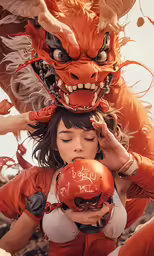 the little girl has her nose covered by dragon decorations