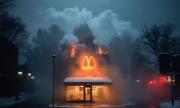 a restaurant lit by the lights during the night