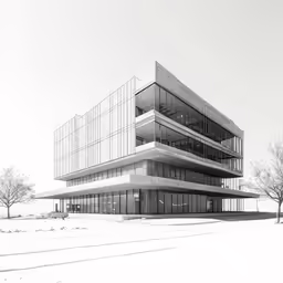 a very modern building that has snow around it