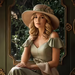a girl in a hat sitting near a mirror