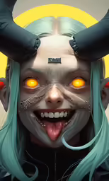 a close up view of a face with big orange eyes