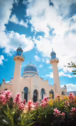 the top of a white building surrounded by flowers