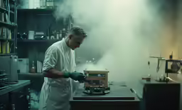 a chef working on his electronic equipment in a kitchen