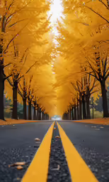 yellow trees lined up on the road under an orange sky