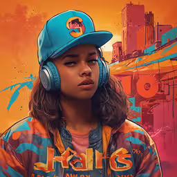 the girl in the blue hat and headphones is looking at something,a young girl wearing headphones and an orange background