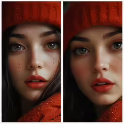 two photos side by side of a woman with red lipstick and a scarf