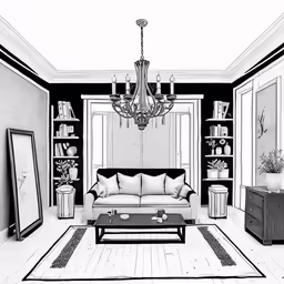 an interior in black and white with a chandelier
