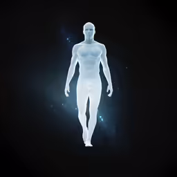 a transparent figure of a man walking on a space map