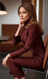 a woman in a suit sitting on a chair