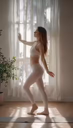 a girl in white has her arm spread open as she is dressed in tight underwear and lingerie