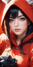 a girl in red and black poses with her camera