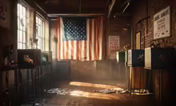a large american flag hanging over an old building