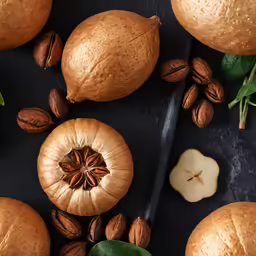 nuts with green leaves on top sit on the black surface