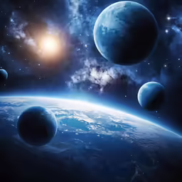 planets are seen from space with the sun in the background