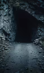 a very dark and mysterious looking tunnel with some rocks
