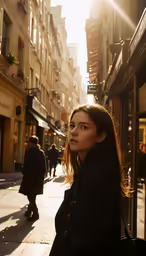 a girl is standing near the window with her eyes open