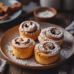 four desserts on a white and brown plate