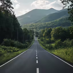a road with trees on both sides next to mountains