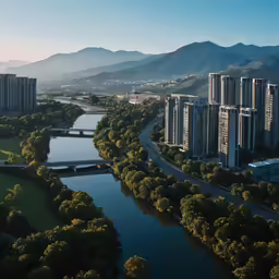 a river runs through a city and some buildings are by it