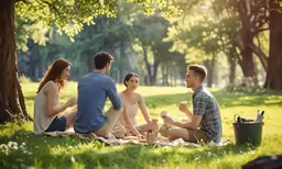 people sitting around a tree having a picnic together