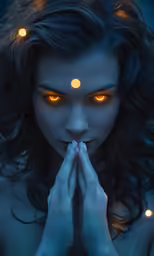 a woman with glowing orange eyes in the darkness