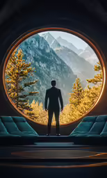 a man looking out at a mountain valley with mountains behind