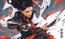 an artist drawing a woman in black, white and red clothes holding scissors