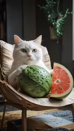 a white cat sitting in a chair next to a slice of watermelon