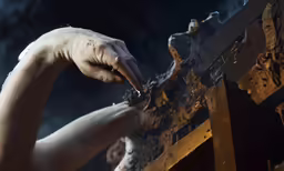 the woman is bending down to touch the metal and the arm