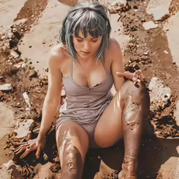 a woman in wet clothes kneeling on a sandy beach