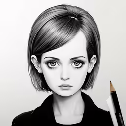 the drawing shows an artist with a pencil, her face is drawn on paper
