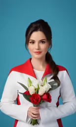 the young girl in white is wearing a red jacket and holding a bouquet
