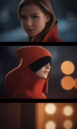 a woman wearing a red suit with a hood and a black headband