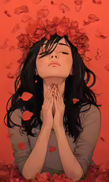 a woman with her eyes closed, in the middle of red petals