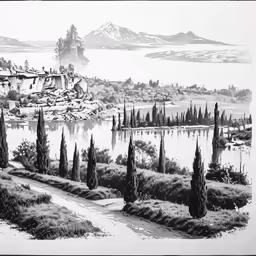 a drawing of a village surrounded by a lake