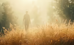 a man standing in the middle of tall grass