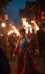 a girl in a costume with a wreath on her head while standing outside