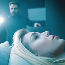 a man standing next to a woman on top of a couch