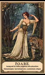 a woman is standing with an animal and wearing a dress
