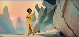 a woman standing on a cliff in the distance with rocks in the background