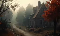 a dirt road that is in front of a house