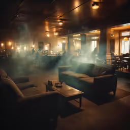 a steamy room with couches and tables and lights